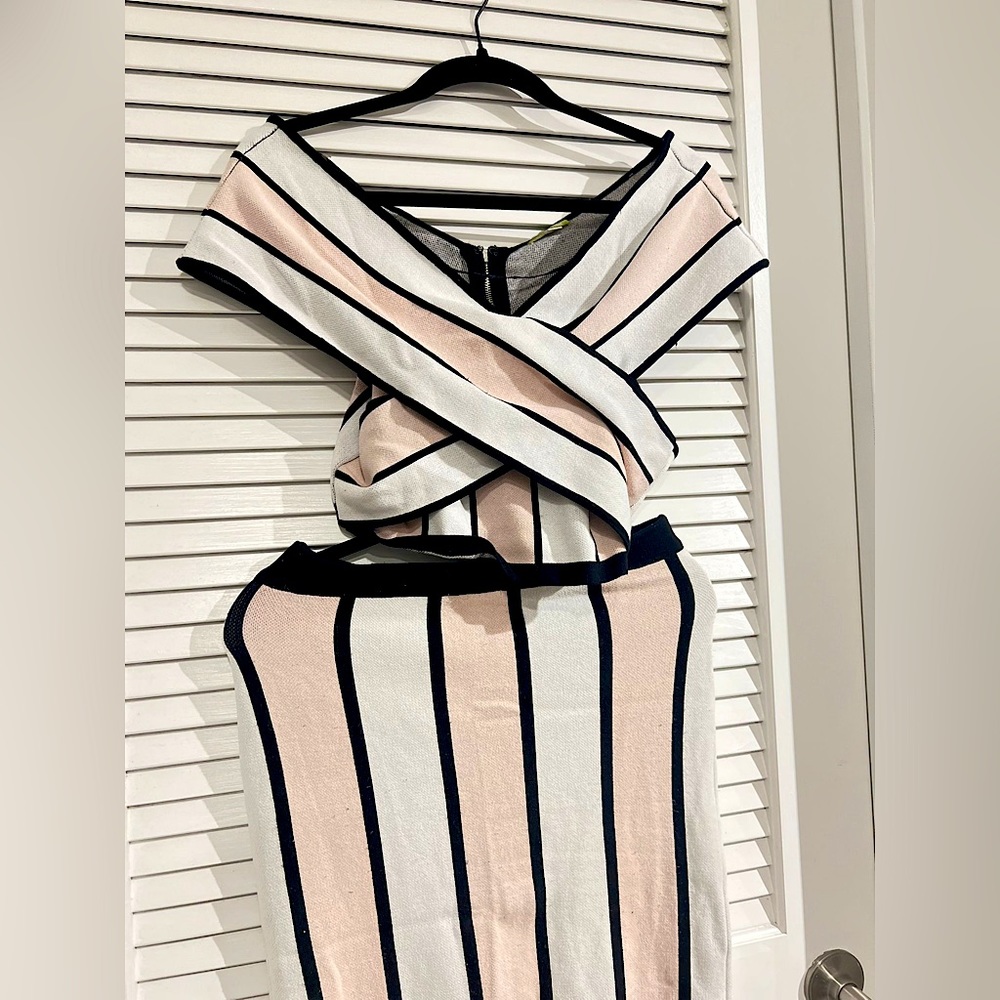 gianni bini pink, black + white striped skirt set